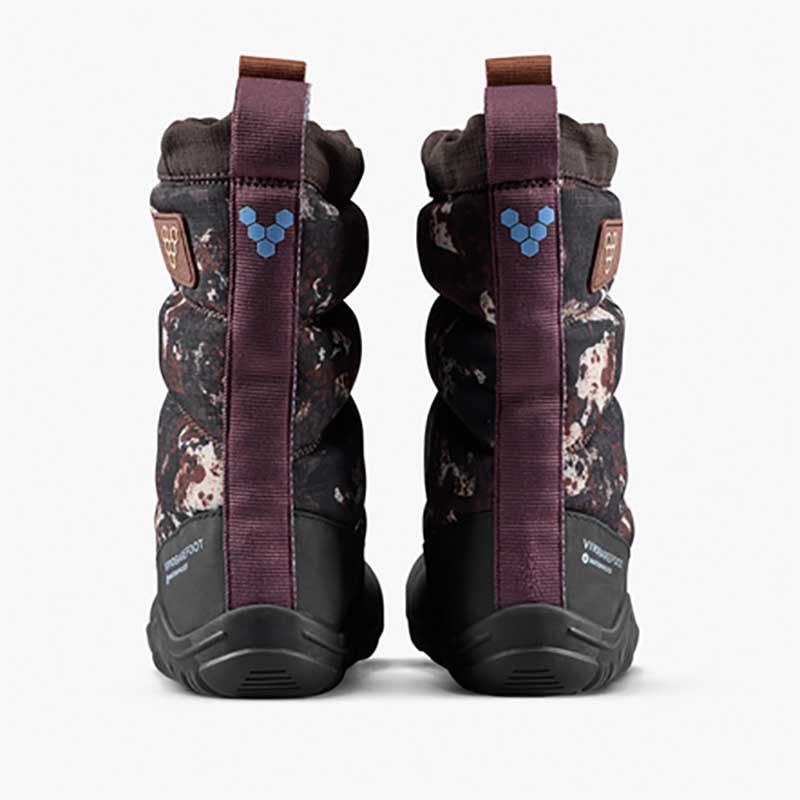 Pair of Vivobarefoot Kids Boots Tracker AT - Mole Print, rear view.
