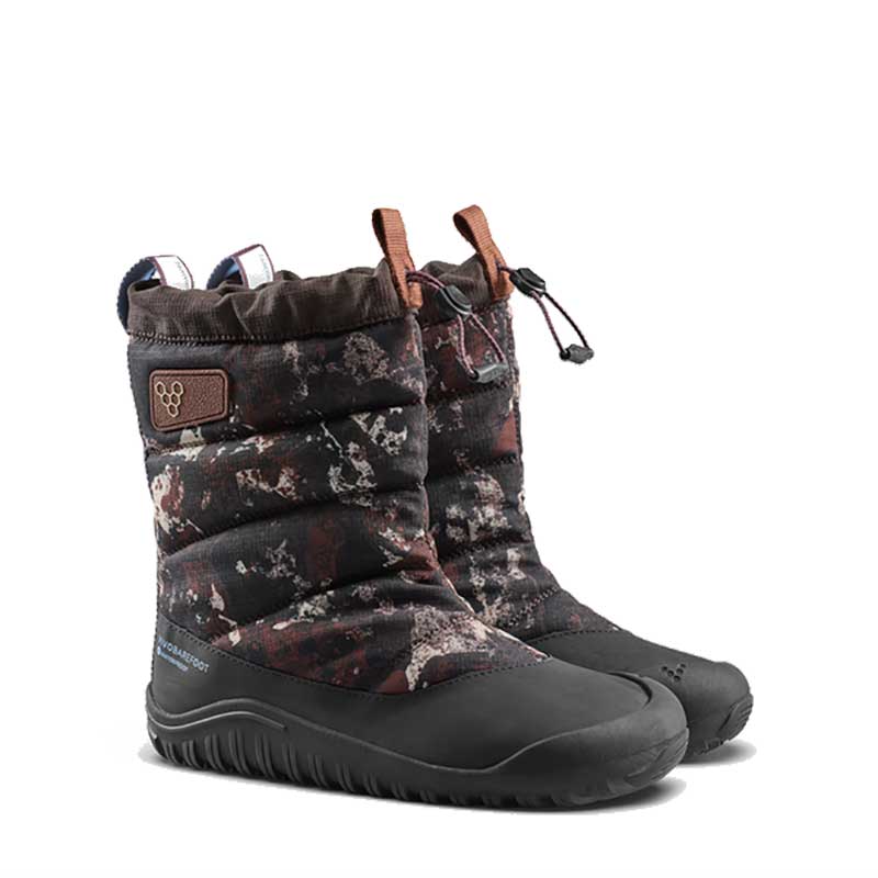 Pair of Vivobarefoot Kids Boots Tracker AT - Mole Print, angled view showing outer side and front.