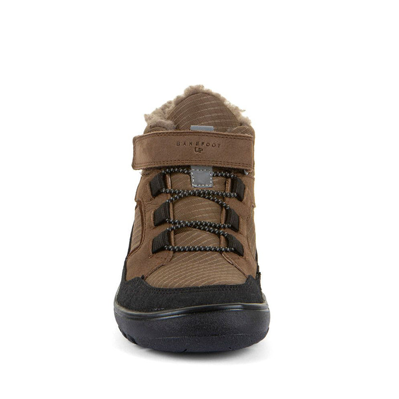 Froddo Kids Barefoot Waterproof Up Path Boot - Brown, front view.