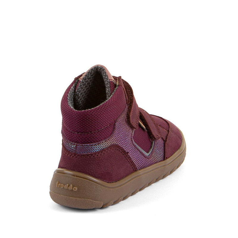Froddo Kids Barefoot Waterproof Up Hill Boot - Bordeaux, angled view showing outer side and rear.
