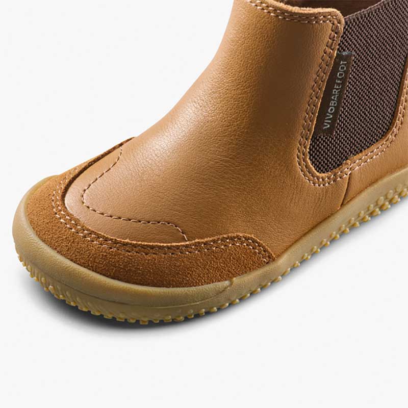 Vivobarefoot Toddler Chelsea Boot Gobi - Acorn, close up of toe box.