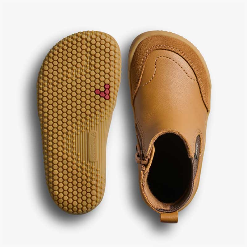 Pair of Vivobarefoot Toddler Chelsea Boots Gobi - Acorn, one showing the sole view and the other showing the top view.