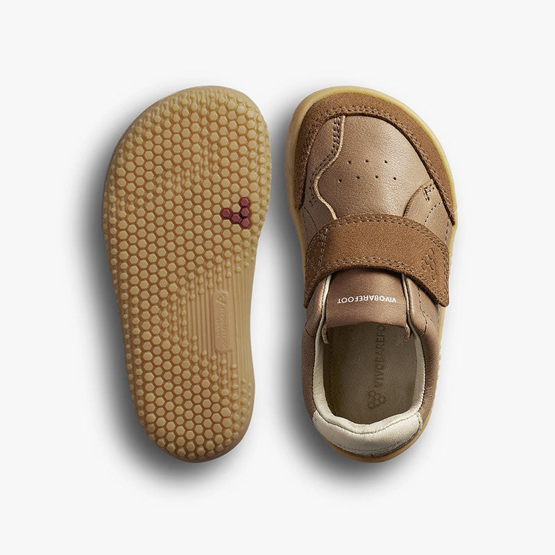 Pair of Vivobarefoot Toddler Trainers Gobi - Acorn, one showing the sole view and the other showing the top view.