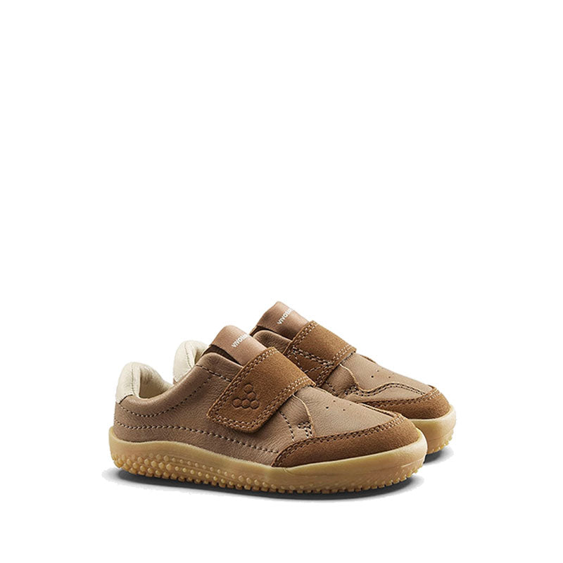 Pair of Vivobarefoot Toddler Trainers Gobi - Acorn, angled view showing the outer side and front.