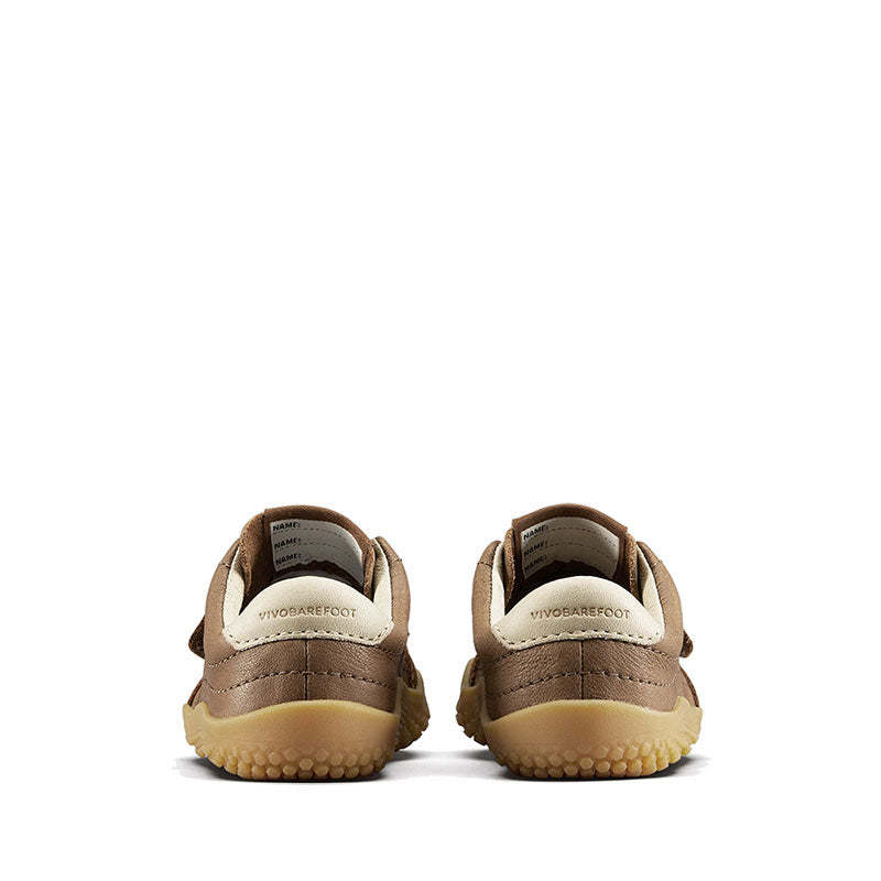 Pair of Vivobarefoot Toddler Trainers Gobi - Acorn, rear view.
