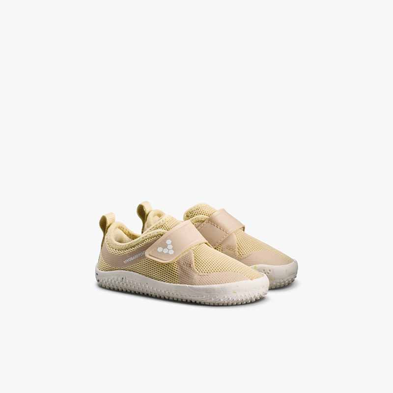 Pair of Vivobarefoot Toddler Trainers Primus IV - Stone, angled view showing outer side and front.