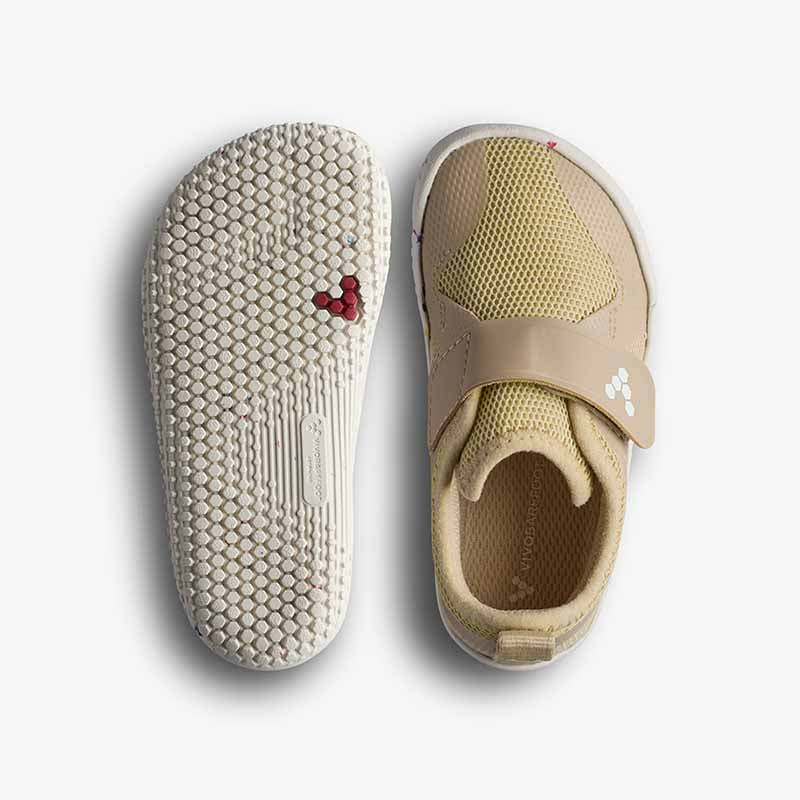 P:air of Vivobarefoot Toddler Trainers Primus IV - Stone, one showing the sole view and the other showing the top view.