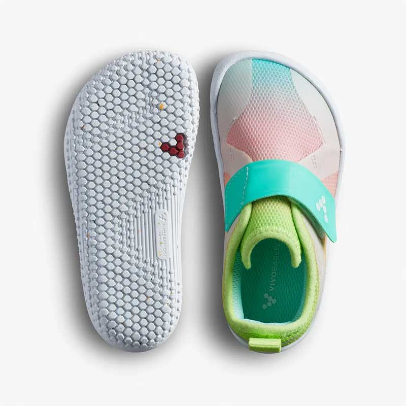 Pair of Vivobarefoot Toddler Trainers Primus IV - Ombre, one showing the sole view and the other showing the top view.