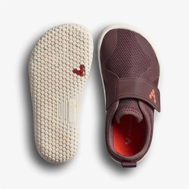 Pair of Vivobarefoot Toddler Trainers Primus IV - Huckleberry, one showing the sole view and the other showing the top view.