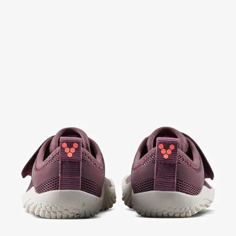 Pair of Vivobarefoot Toddler Trainers Primus IV - Huckleberry, rear view.