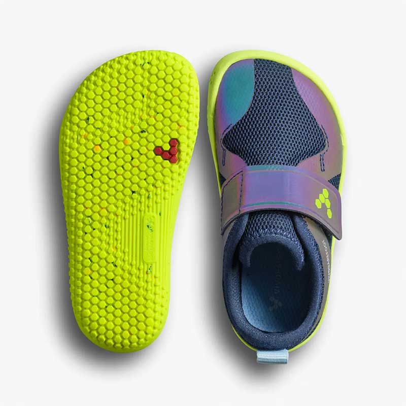 Pair of Vivobarefoot Toddler Trainers Primus IV - Night Sky, one showing the sole view and the other showing the top view.