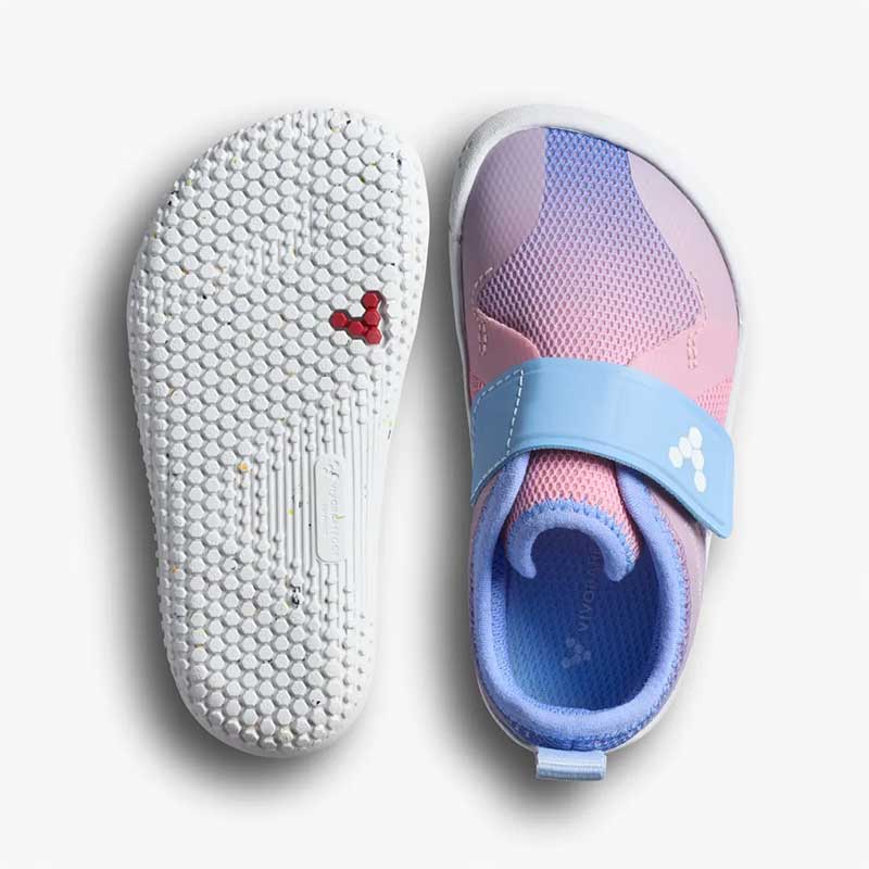 Pair of Vivobarefoot Toddler Trainers Primus IV - Unicorn, one showing the sole view and the other showing the top view.