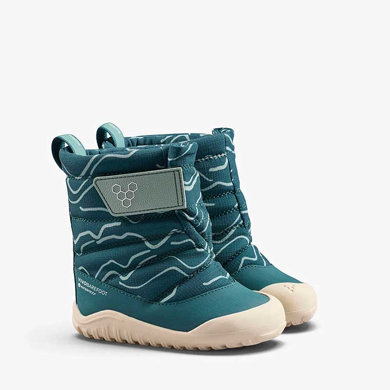 Pair of Vivobarefoot Toddler Boots Tracker AT - Deep Teal, angled view showing outer side and view.