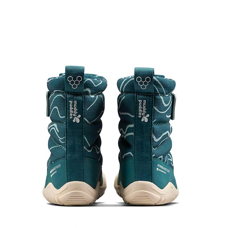 Pair of Vivobarefoot Toddler Boots Tracker AT - Deep Teal, rear view.