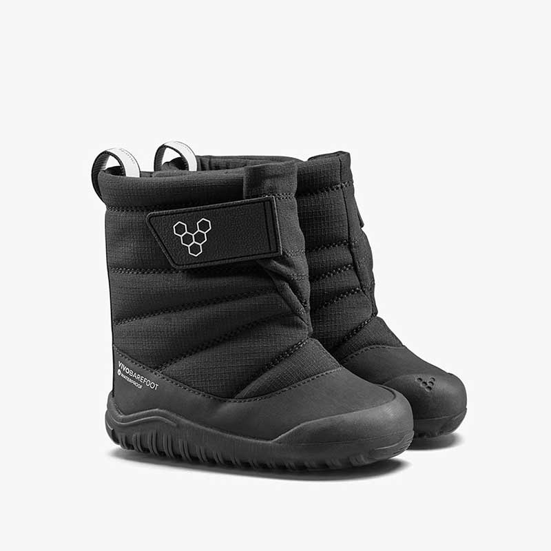Pair of Vivobarefoot Toddler Boots Tracker AT - Obsidian, angled view showing the outer side and front.