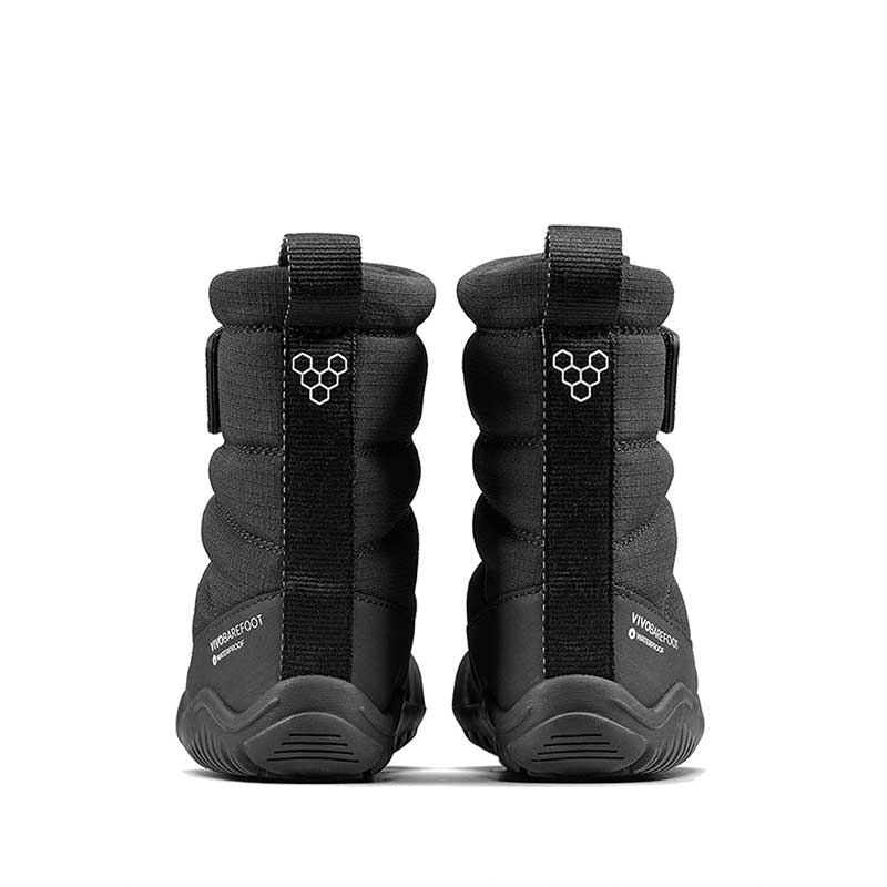 Pair of Vivobarefoot Toddler Boots Tracker AT - Obsidian, rear view.