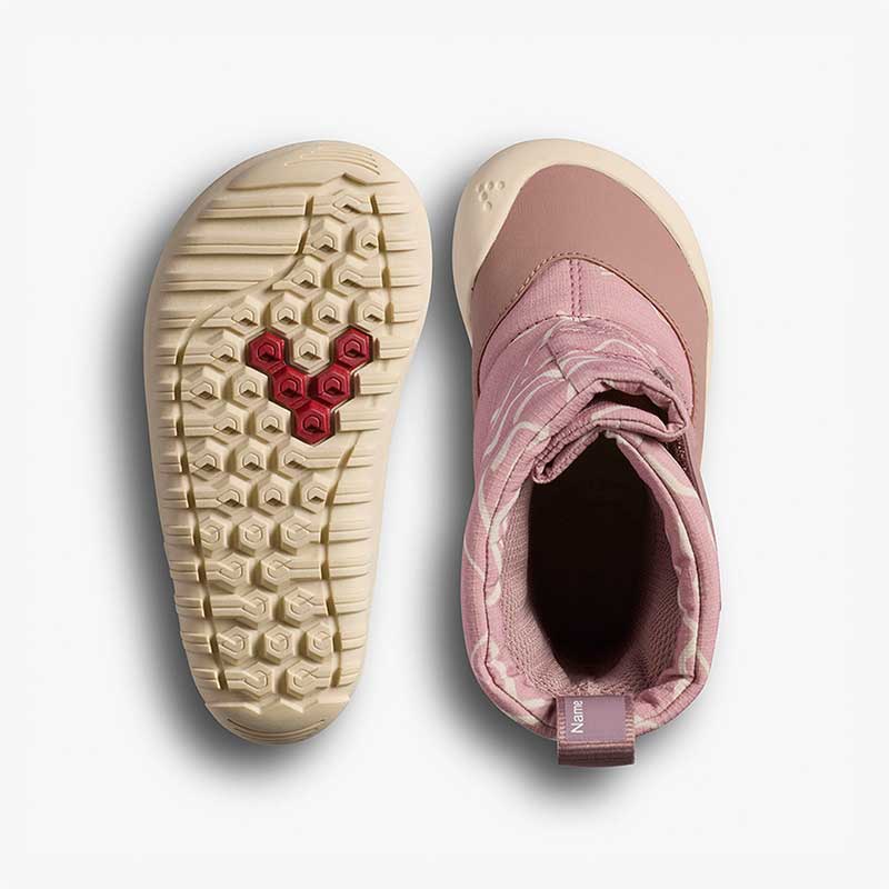 Pair of Vivobarefoot Toddler Boots Tracker AT - Twilight Mauve, one showing the sole view and the other showing the top view.