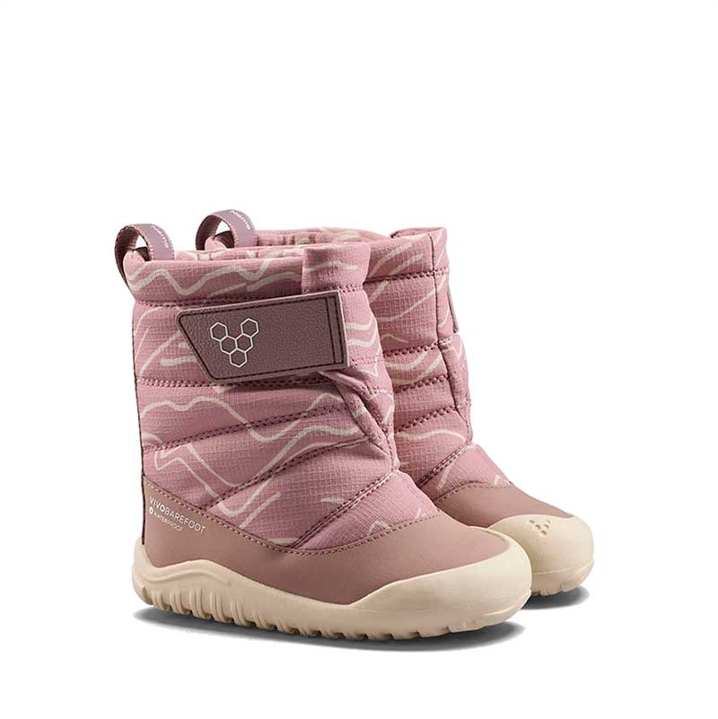 Pair of Vivobarefoot Toddler Boots Tracker AT - Twilight Mauve, angled view showing the outer side and front.