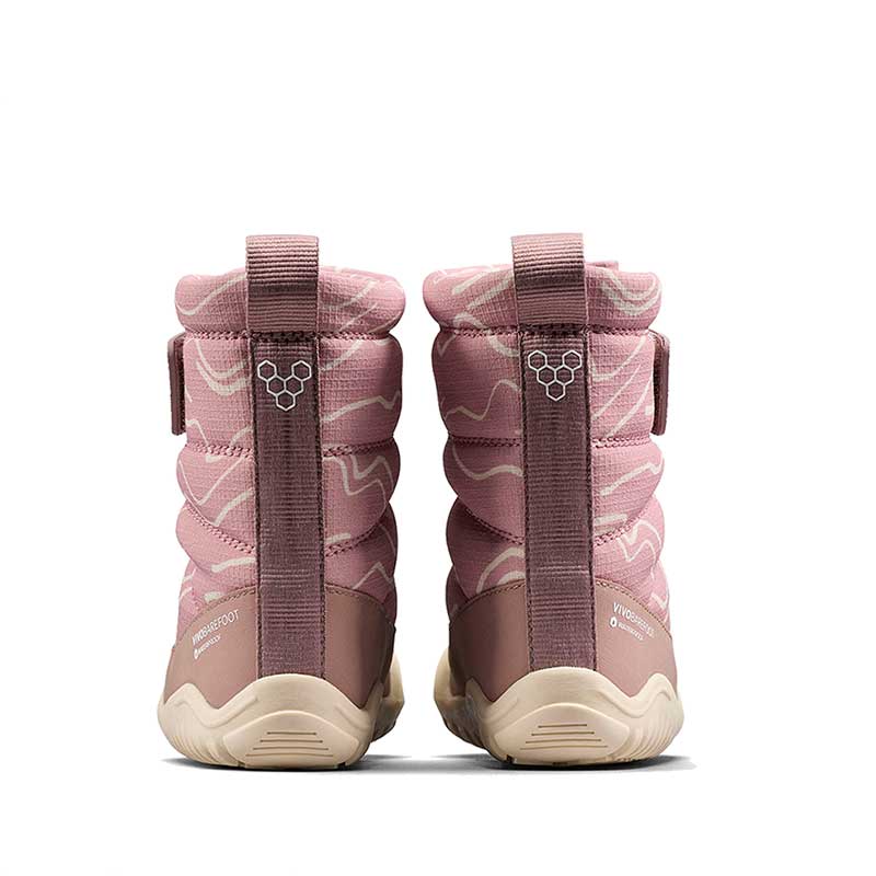Pair of Vivobarefoot Toddler Boots Tracker AT - Twilight Mauve, rear view.