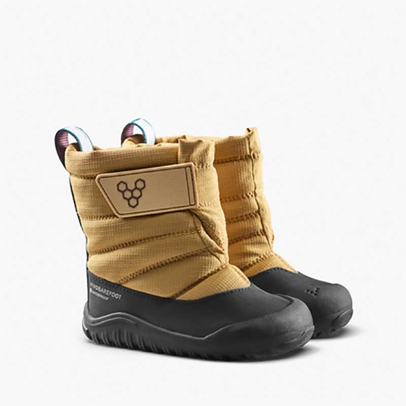 Pair of Vivobarefoot Toddler Boots Tracker AT - Wood, angled view showing outer side and front.