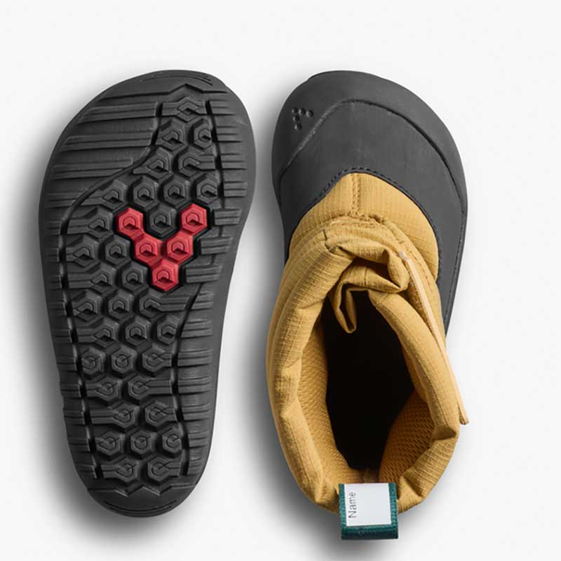 Pair of Vivobarefoot Toddler Boots Tracker AT - Wood, one showing the sole view and the other showing the top view.