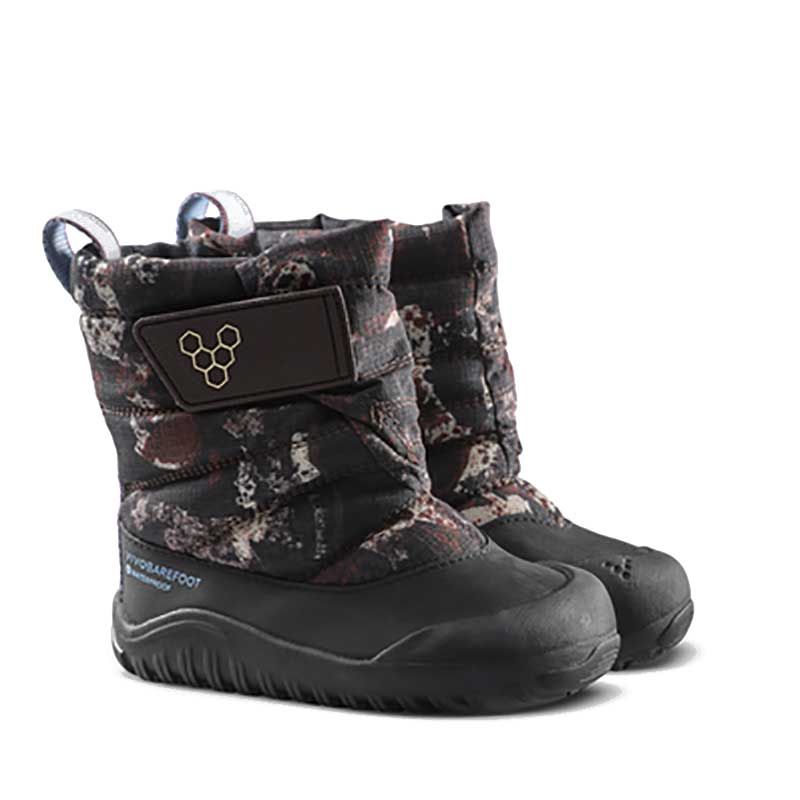 Pair of Vivobarefoot Toddler Boots Tracker AT - Mole Print, angled view showing outer side and front.