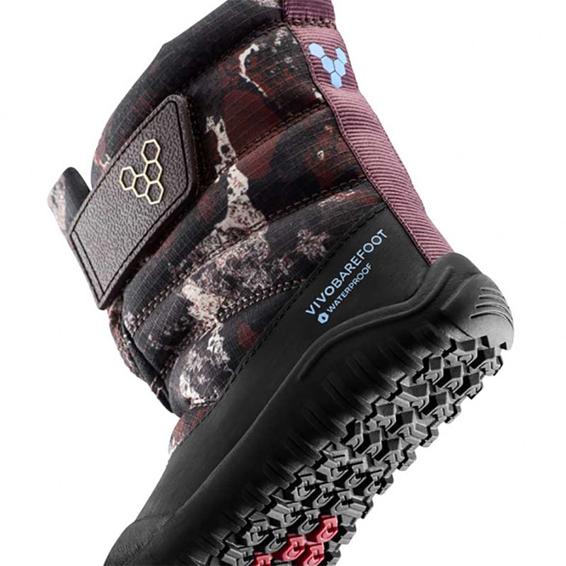 Vivobarefoot Toddler Boot Tracker AT - Mole Print, angled view showing outer side, sole and rear.