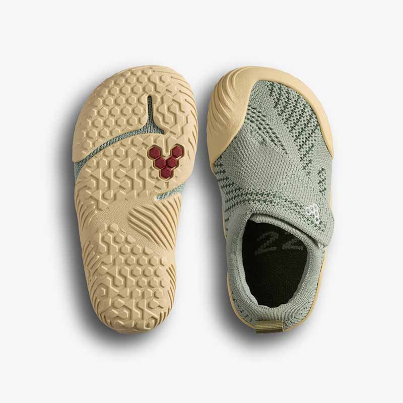 Pair of Vivobarefoot Toddler Shoes Motus Knit - Glacial Green, one showing the sole view and the other showing the top view.