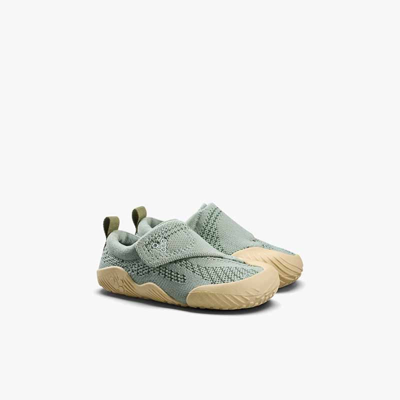 Pair of Vivobarefoot Toddler Shoes Motus Knit - Glacial Green, angled view showing the outer side and front.