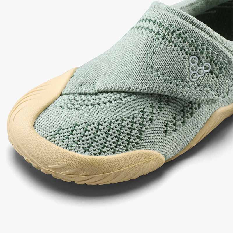 Vivobarefoot Toddler Shoe Motus Knit - Glacial Green, close up of toe box.