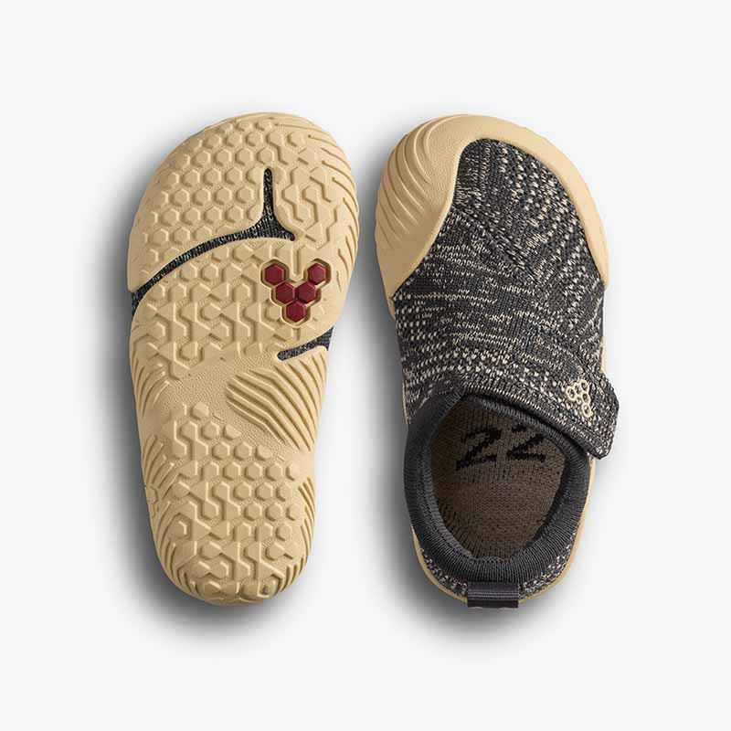 Pair of Vivobarefoot Toddler Shoes Motus Knit - Woodland Grey, one showing the sole view and the other showing the top view.