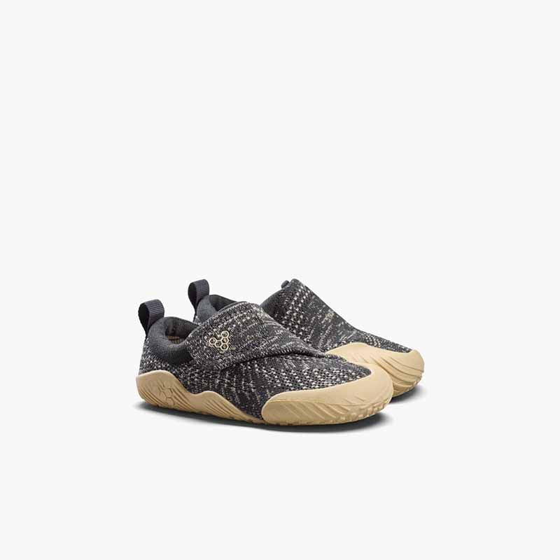 Pair of Vivobarefoot Toddler Shoes Motus Knit - Woodland Grey, angled view showing the outer side and front.