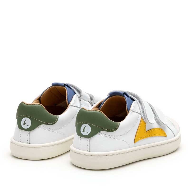 Pair of Tip Toey Joey Kids Trainers Hopper - White Salsa, angled view showing rear and outer side.