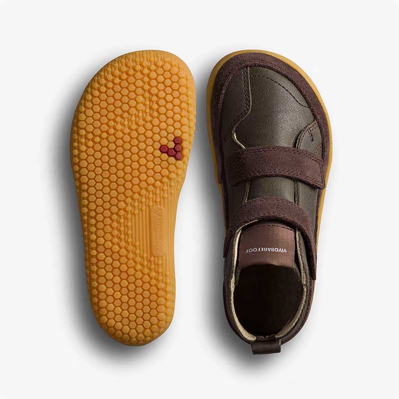 Pair of Vivobarefoot Pre-School Boots Gobi - Bracken, one showing the sole view and the other showing the top view.