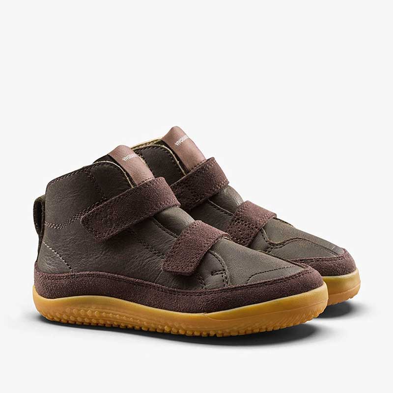 Pair of Vivobarefoot Pre-School Boots Gobi - Bracken, angled view showing outer side and front.