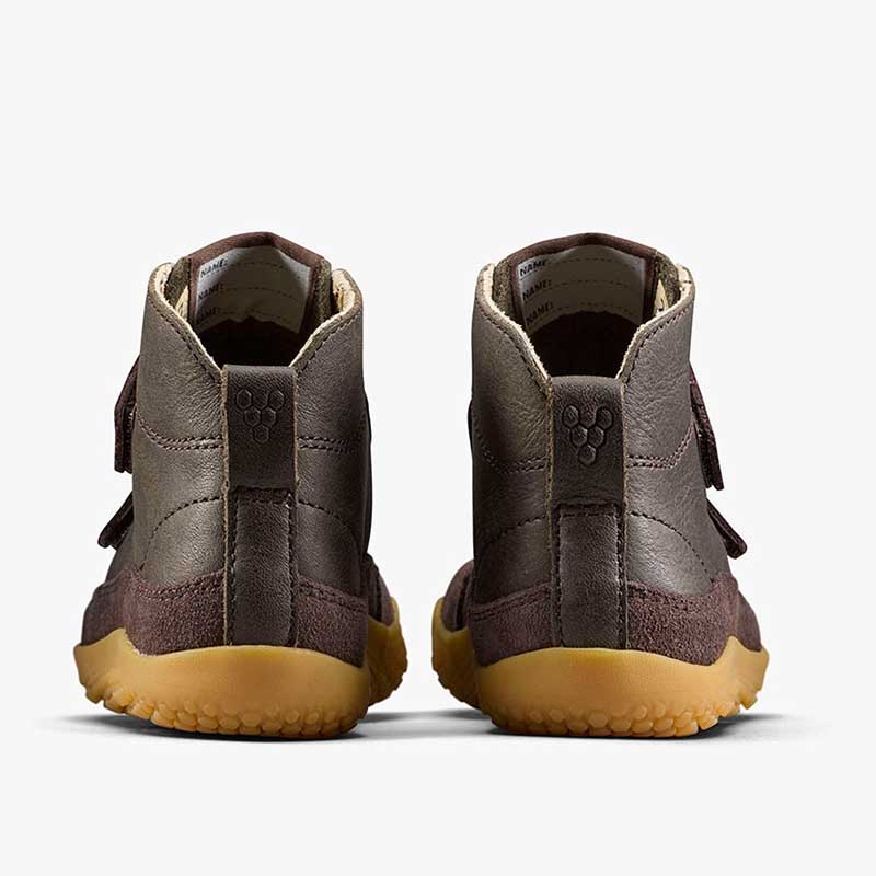 Pair of Vivobarefoot Pre-School Boots Gobi - Bracken, rear view.