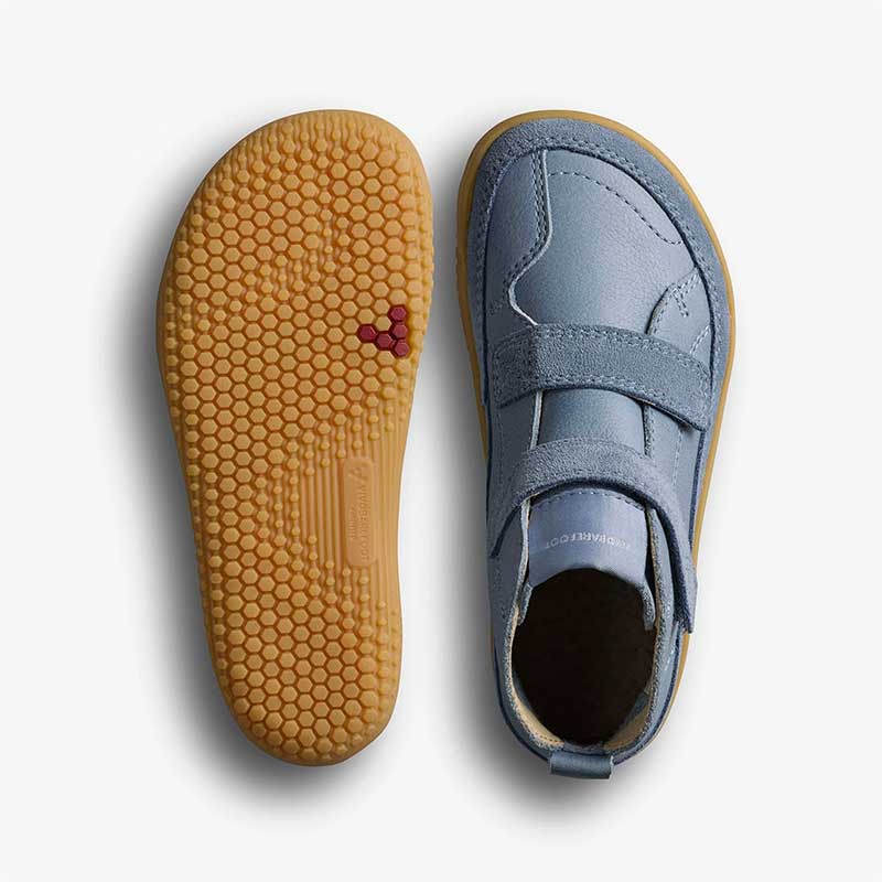 Pair of Vivobarefoot Pre-School Boots Gobi - Indigo, one showing the sole view and the other showing the top view.