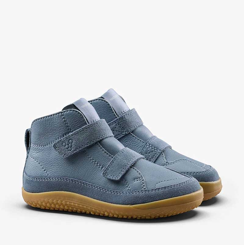 Pair of Vivobarefoot Pre-School Boots Gobi - Indigo, angled view showing the outer side and front.