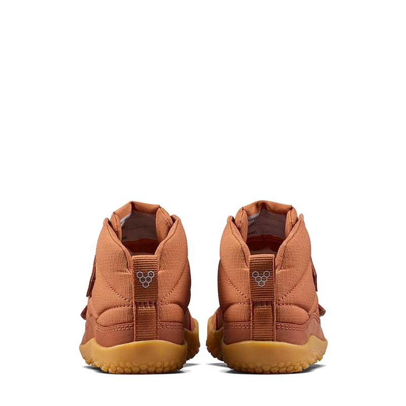 Pair of Vivobarefoot Kids Boots Gobi Hiber - Umber, rear view.