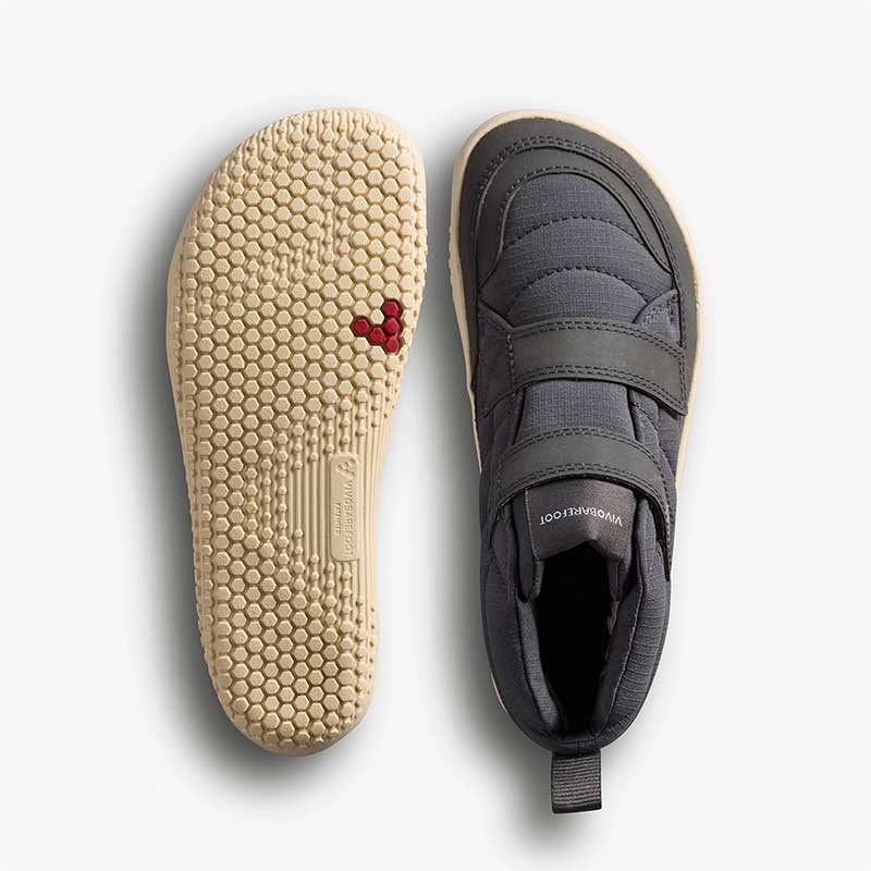 Pair of Vivobarefoot Toddler Boots Gobi Hiber - Bristol Black, one showing the sole view and the other showing the top view.