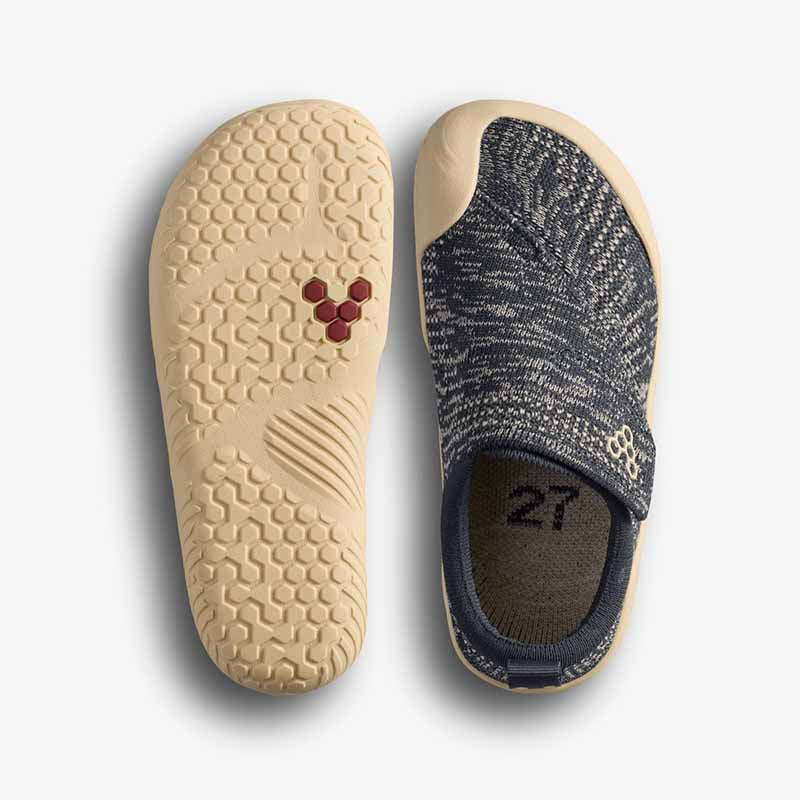 Pair of Vivobarefoot Pre-School Shoes Motus Knit - Woodland Grey, one showing the sole view and the other showing the top view.