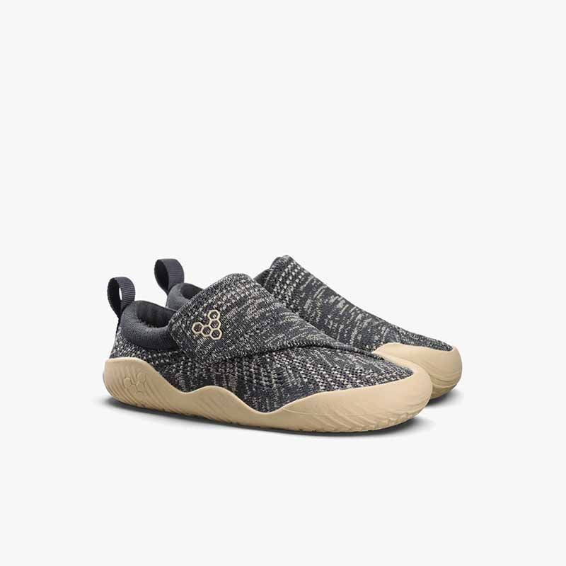 Pair of Vivobarefoot Pre-School Shoes Motus Knit - Woodland Grey, angled view showing the outer side and the front.
