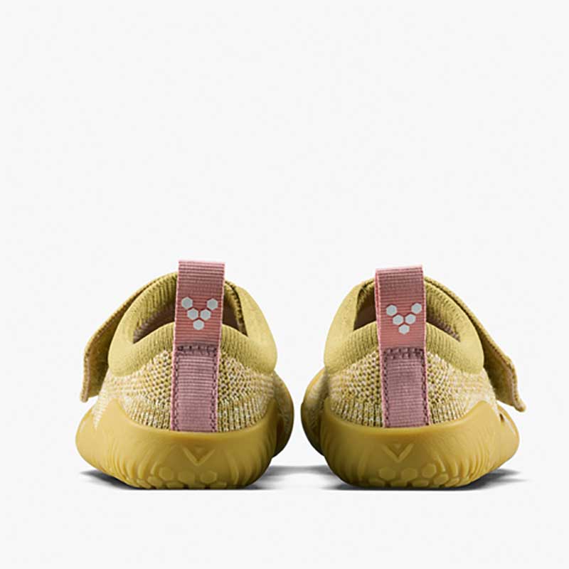 Pair of Vivobarefoot Pre-School Shoes Motus Knit - Wood, rear view.
