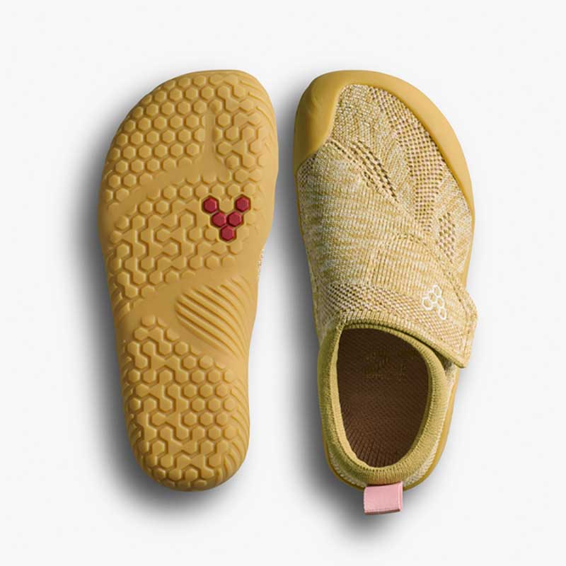 Pair of Vivobarefoot Pre-School Shoes Motus Knit - Wood, one showing the sole view and the other showing the top view.