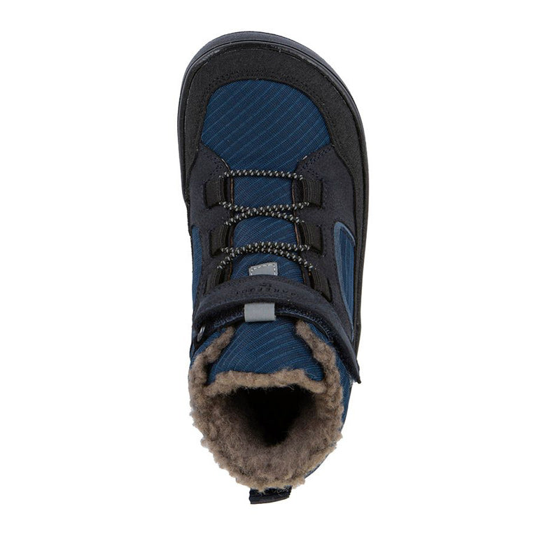Froddo Kids Barefoot Waterproof Up Path Boot - Black and Blue, top view.