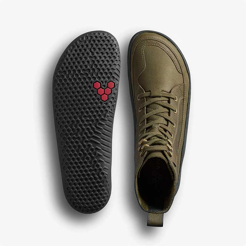 Pair of Vivobarefoot Women’s Boots Gobi - Olive, one showing the sole view and the other showing the top view.