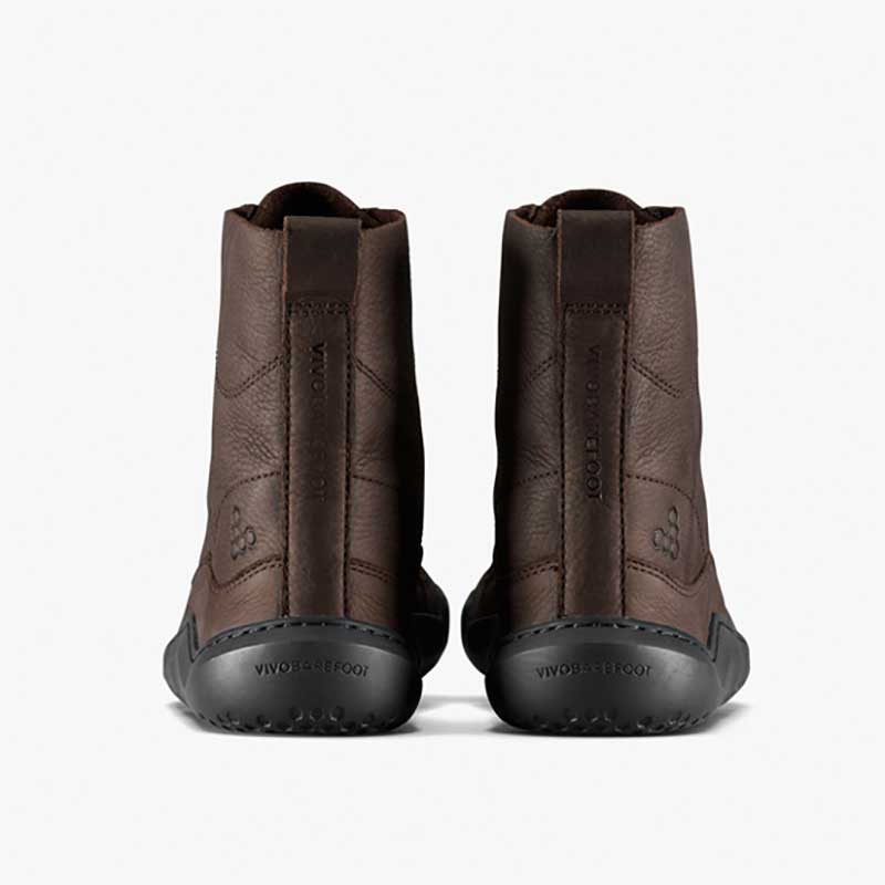 Pair of Vivobarefoot Women's Boots Gobi II - Mole, rear view.