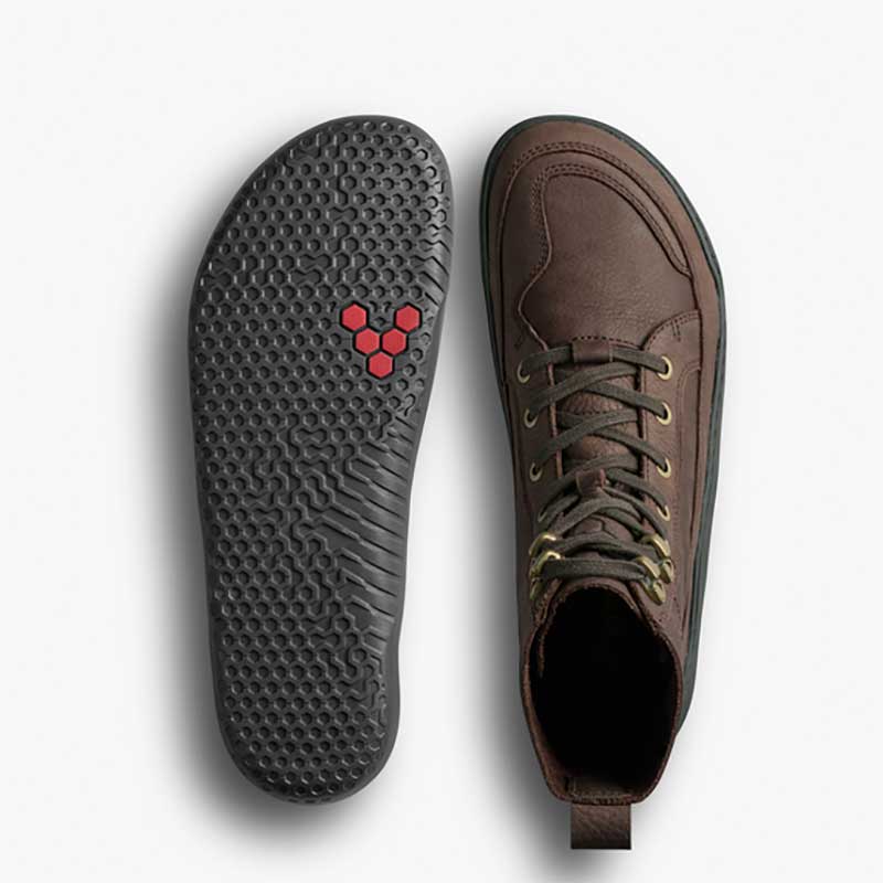Pair of Vivobarefoot Women's Boots Gobi II - Mole, one showing the sole view and the other showing the top view.