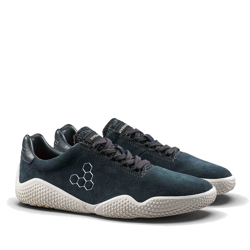 Pair of Vivobarefoot Women's Motus Studio Trainers - Obsidian and White, angled view showing the outer side.