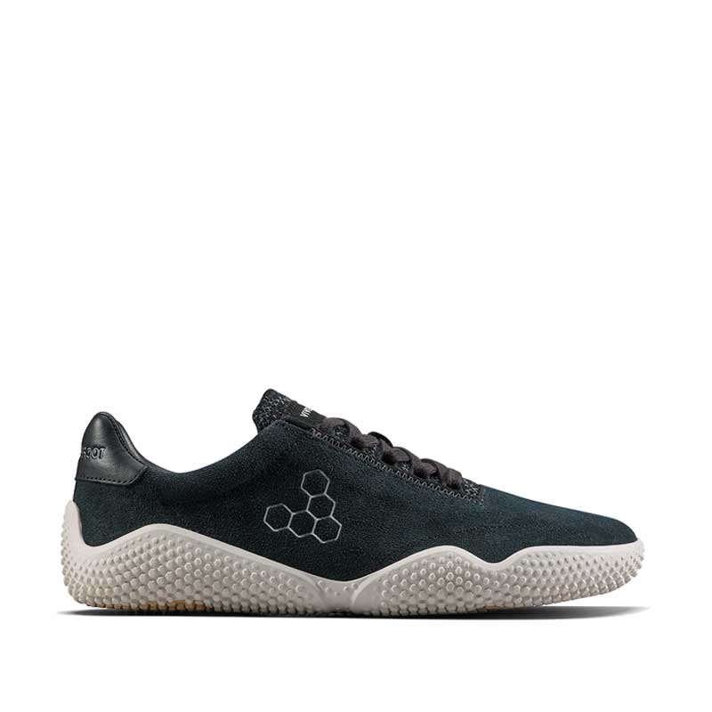 Vivobarefoot Women's Motus Studio Trainer - Obsidian and White, outer side view.